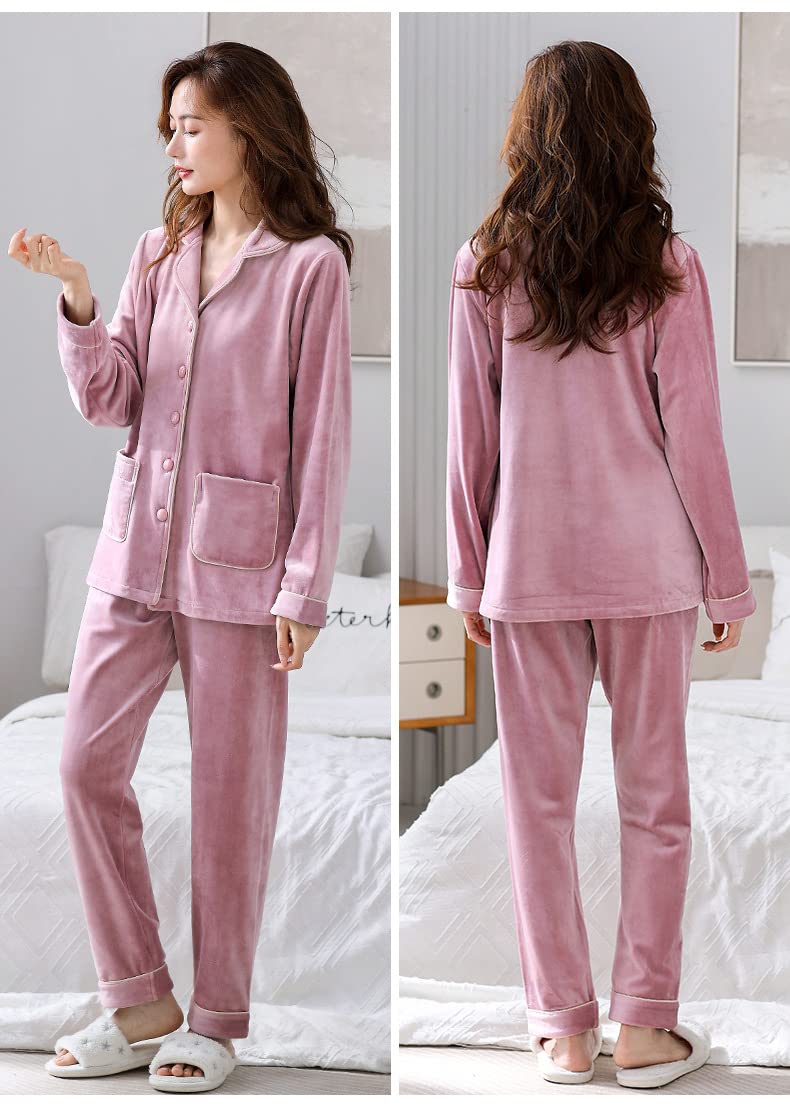 LUBOSE Conjunto de pijama de franela para mujer, ropa de descanso, 2 piezas, pijama térmico con botones, talla 3XL, rosa