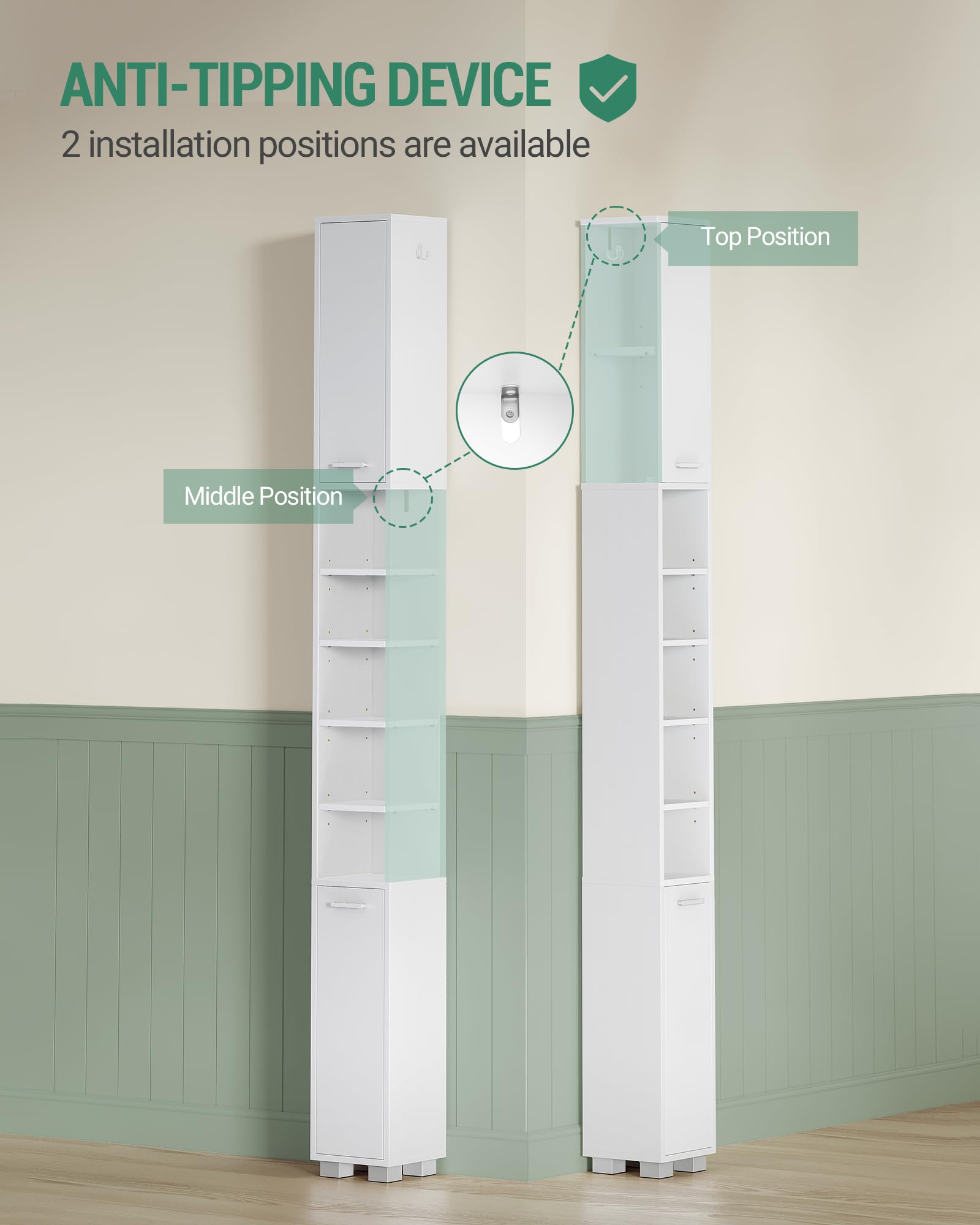 Hzuaneri Badezimmerschrank, Hochschrank mit 2 Aufbewahr. Körbe | Badschrank Schmal Hoch, Verstellbare Regale, Offenen Fach und Tür, 20 × 20 × 200 cm, Weiß, BC28503X