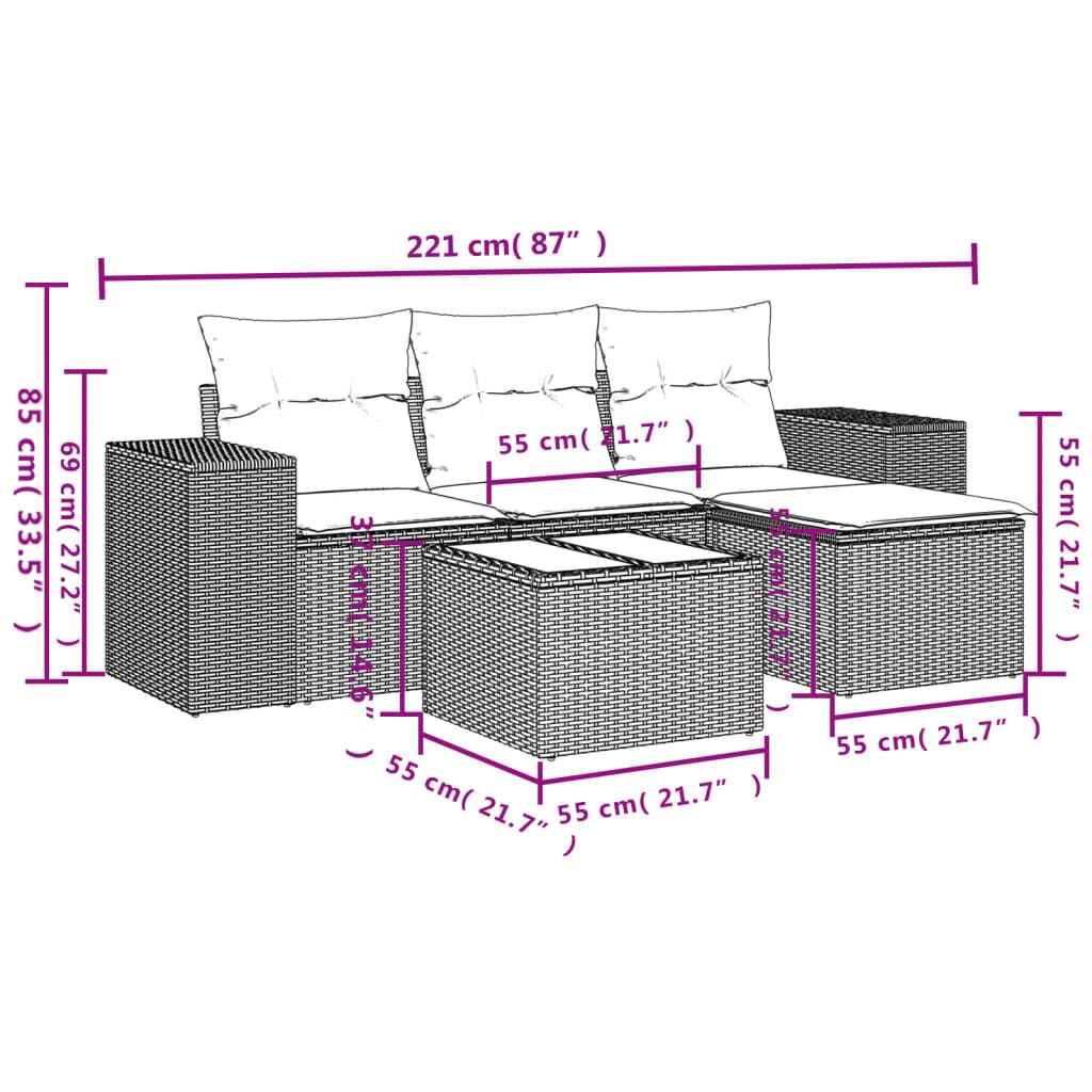 Set Divani da Giardino 5 pz in Rattan PE Nero con Tavolo in Vetro