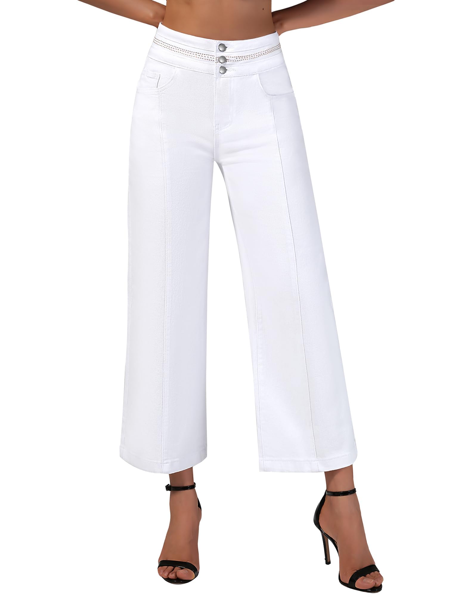 roswear Women's Wide Leg Petite Jeans High Waisted Stretchy Cropped Denim Pants