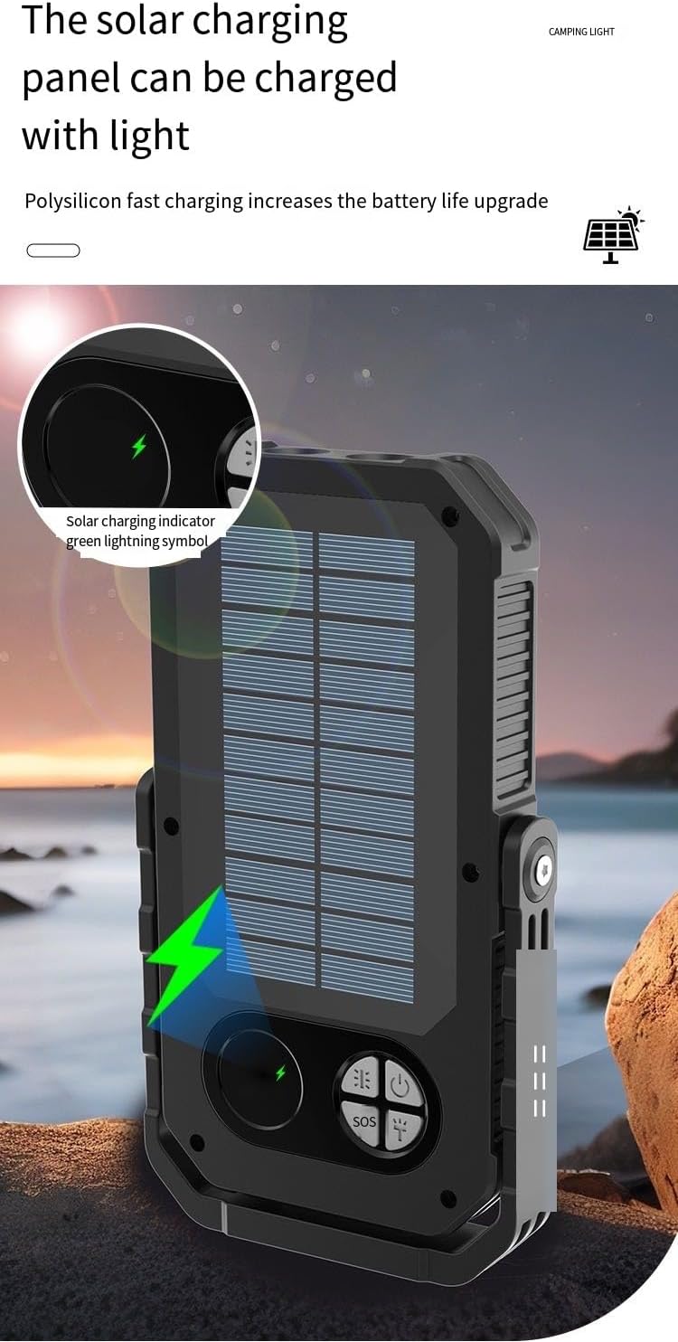 Solar Rechargeable 1200 Lumen Bright LED All-Terrain Camping Hiking Fishing Light, Waterproof, Strong megnet Drop Resistant, 10000mAh USB Phone Charging, Soft Light Mode (1)