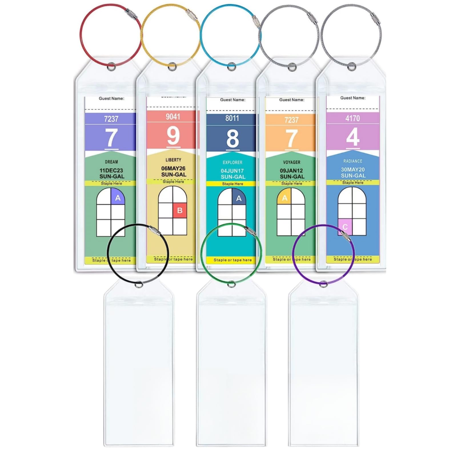 YUSHOW8 Pcs Waterproof Transparent PVC Luggage Tags Holder with Zip Seal & Steel Loops, for Luggage Suitcase, Backpacks, Handbags, Black, Green, Red, Yellow, Purple, Blue, Silver, White (19.2cm*6.4cm)