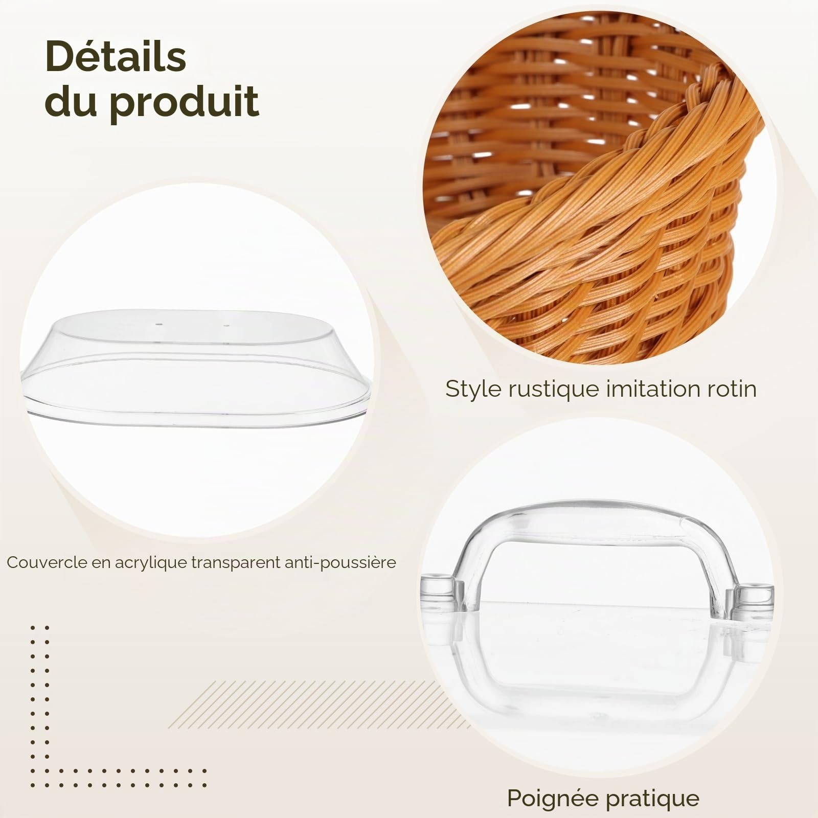 Lot de 2 corbeilles à pain imitation rotin, grande capacité en osier avec couvercle en acrylique, panier à pain tissé avec couvercle transparent