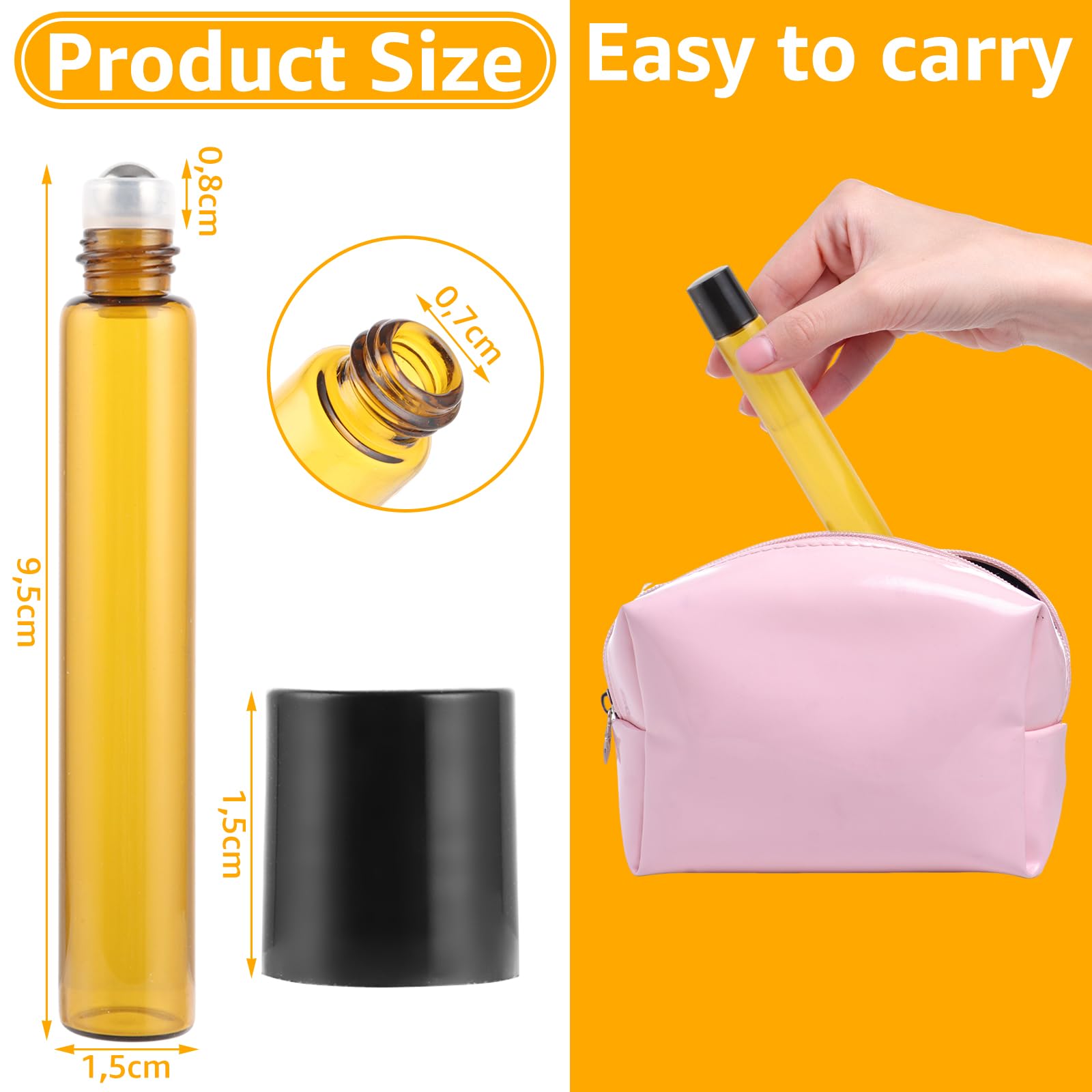 CYEER Lot de 50 Flacons Roll-on 10 ml en Verre Ambré – Bouteilles à Bille en Acier Inoxydable pour Huiles Essentielles & Parfums – Kit Complet avec Entonnoirs, Pipettes & Étiquettes pour DIY & Voyage