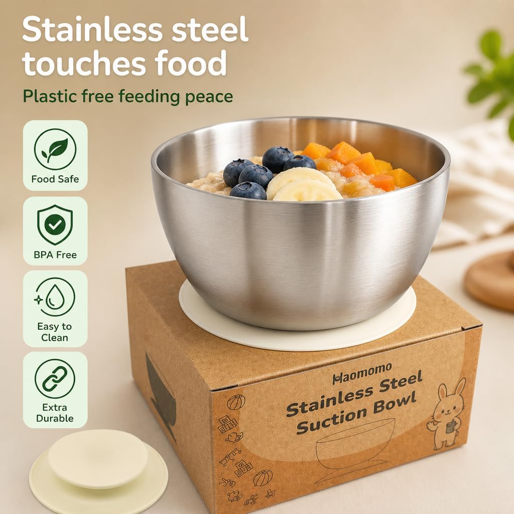 Stainless Steel Baby Bowl with Suction Base, 6M+ Self Feeding & Baby Led Weaning Bowl, 4.3" Plastic-Free Toddler Suction Bowl, Double Wall Insulated, Dishwasher Safe