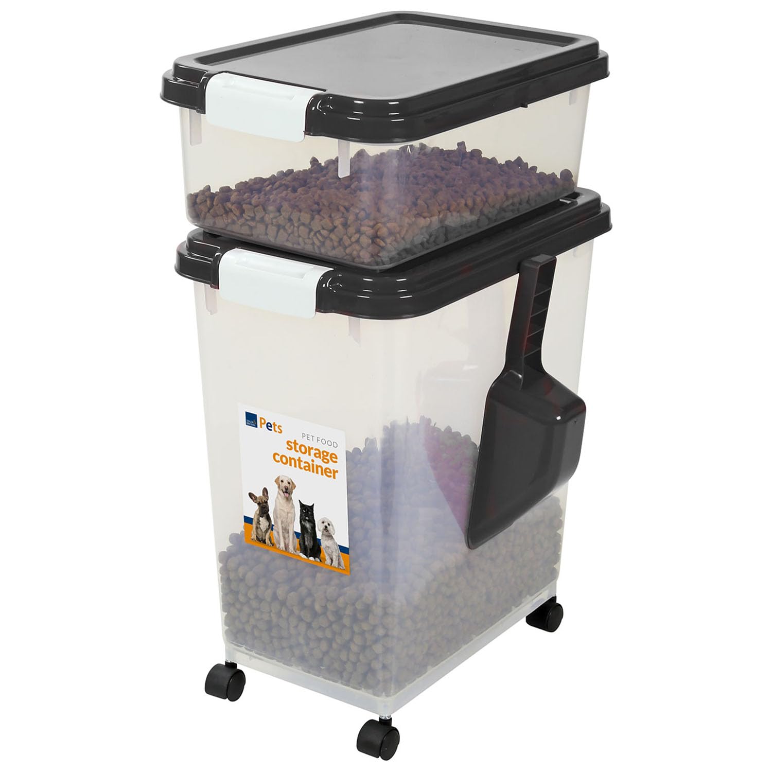 Taylor & Brown 3-Piece Airtight Pet Food Storage Container With Plastic Measuring Scoop Treats For Pet Dog Cat Animal Dry Food Dispenser With Casters, Black