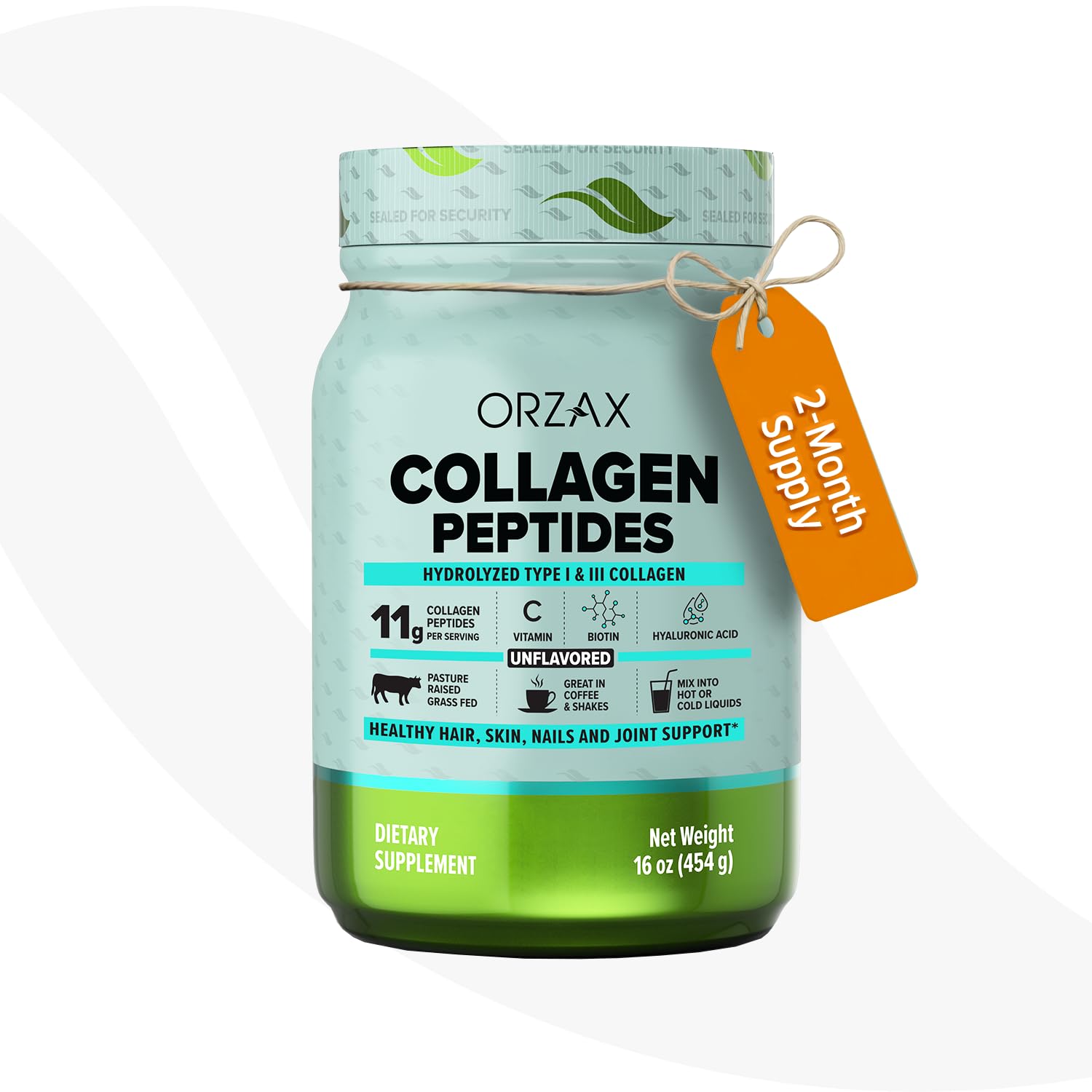 ORZAX Collagen Peptides Powder - 11 g Collagen Type I & III, Biotin & Hyaluronic Acid, 16 oz (Unflavored)