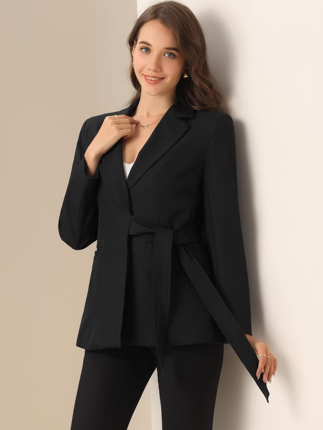 Allegra K Casual Belted Blazer for Women's Lapel Long Sleeve Work Office Wrap Blazer Jackets