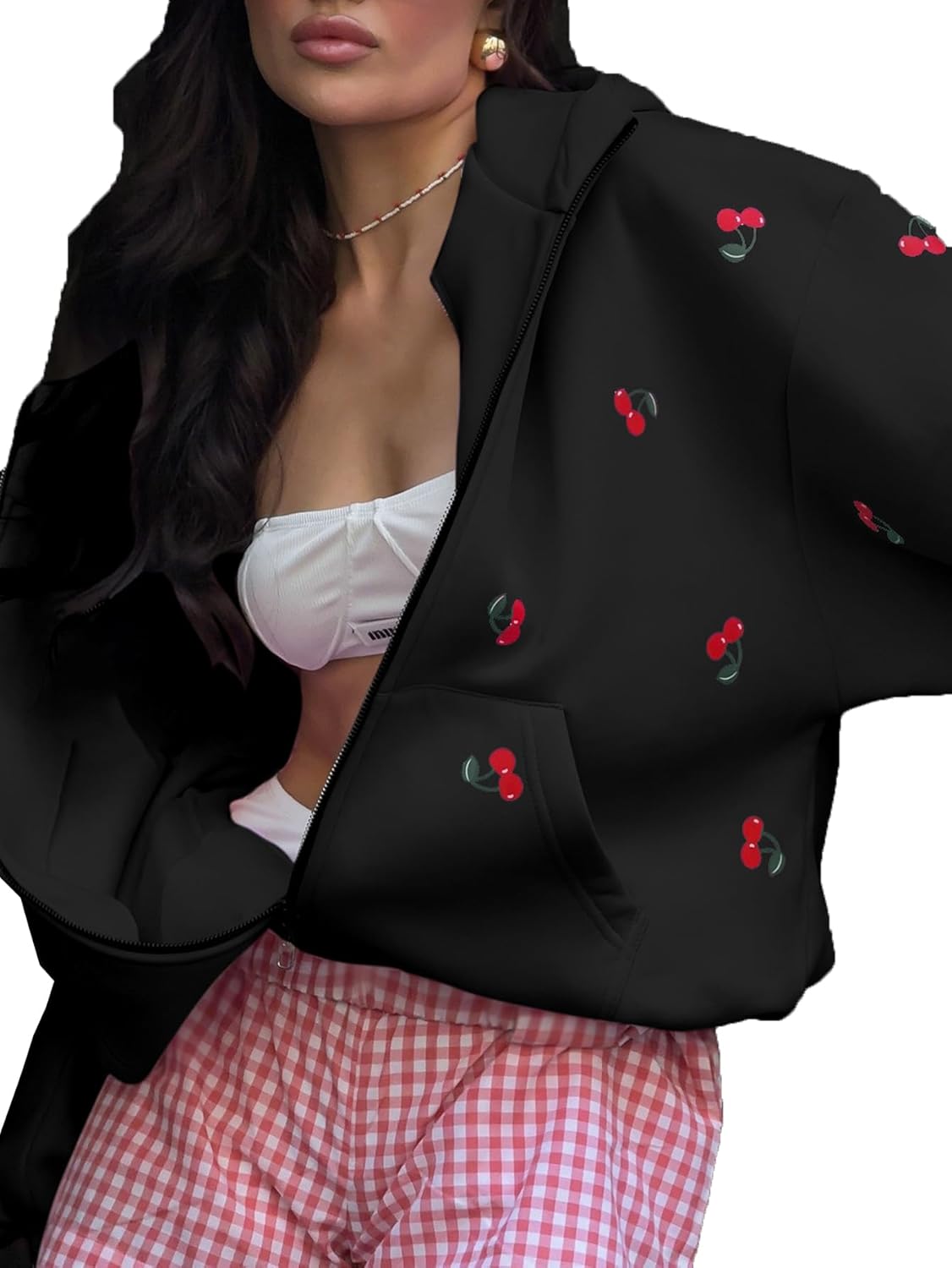 Women Cherry Print Zip Up Hoodie Long Sleeve Oversized Hooded Sweatshirt Y2k Jacket Trendy Fall Clothes