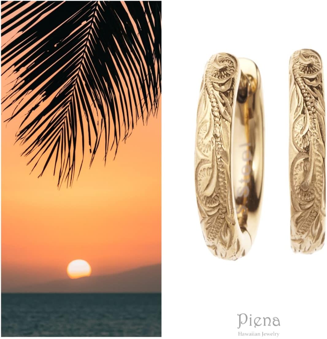 Piena Hawaiian Hoop Earrings for Women Hypoallergenic 316L Stainless Steel 18G Hawaiian Jewelry for Both Ears Carved Plumeria Scroll Design