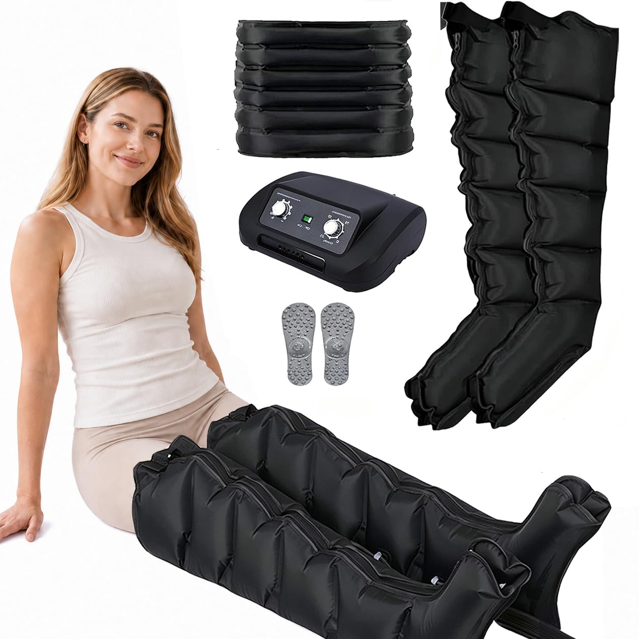 Presoterapia para Casa, Botas Presoterapia Piernas，Piernas+Abdomen Negro：M | Presión Regulable 0-240mmHg, Tiempo 0-30 Min, Mejora Circulación y Alivia Piernas Cansadas, Reduce Hinchazón y Fatiga