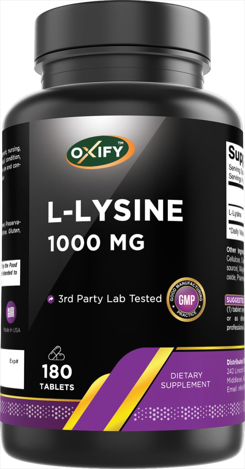 Oxify L-Lysine 1000 mg | 180 Tablets | Gluten-Free, Non-GMO | Supplement Made in USA