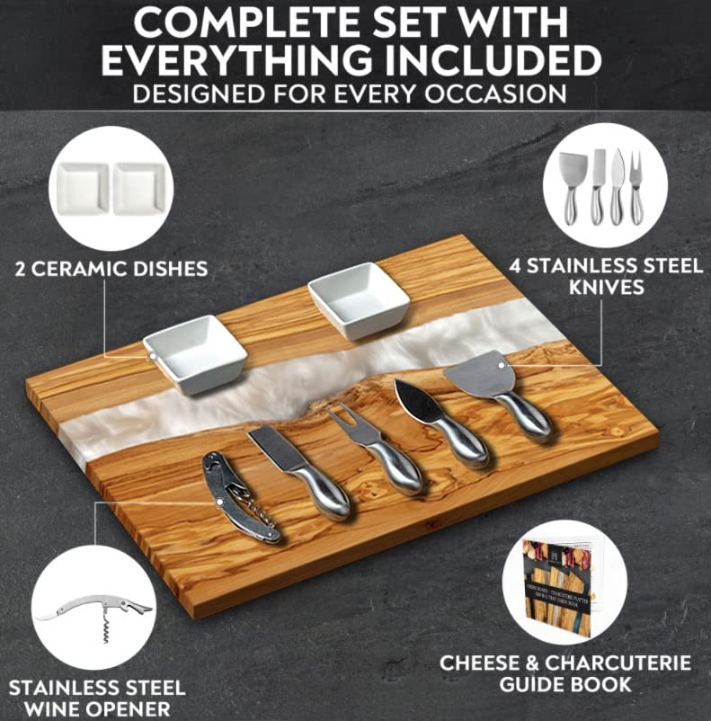 Image of Handcrafted Italian Olive Wood Cheese & Charcuterie Board Set with Unique White Pearl Resin Artwork - Cutting Board Comes with 4 Cheese Knives, 2 Dipping Bowls & Corkscrew Wine Opener (White Pearl)