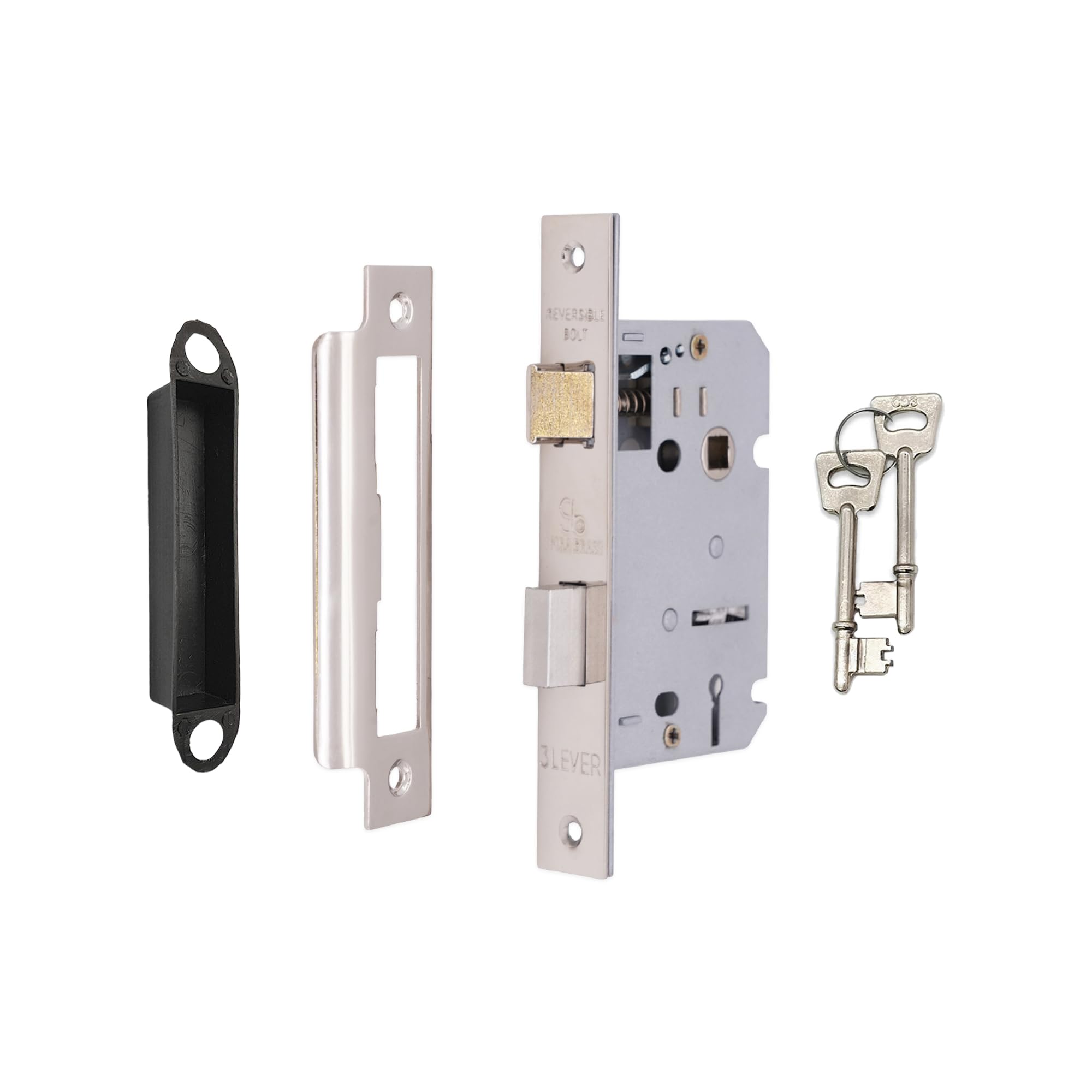 LYRA Heavy Duty 3 Lever Mortice Iron Sash Lock 65mm Polished Chrome Gate Latch Lock with Keys Set for Internal External Home & Office Door Security