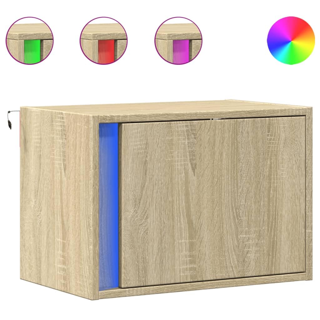 Wandmontierter Nachttisch mit RGB LED Beleuchtung und Schublade - Moderner Nachtitsch aus Holzwerkstoff mit USB-Anschluss und platzsparendem Design fürs Schlafzimmer
