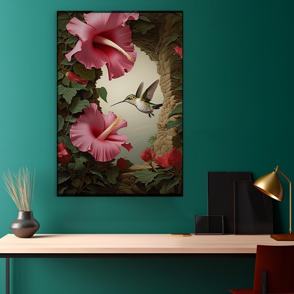 Canvas for Living Room. Whispers of Fantasy: A Hummingbird's Dance by The Hibiscus Archway, 27 x 18 inch Canvas Wall Art - Ready to Hang