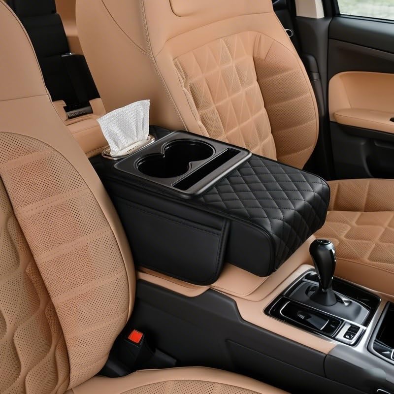 Image of Car Armrest Cushion for SUV with Cup Holder 2.75 inchHeight,5-in-1 Center Console Cover with 2 Storage Bags, Tissue Box Slot, Phone Slot for Sedans, Car Accessories Interior Organizers (Black)