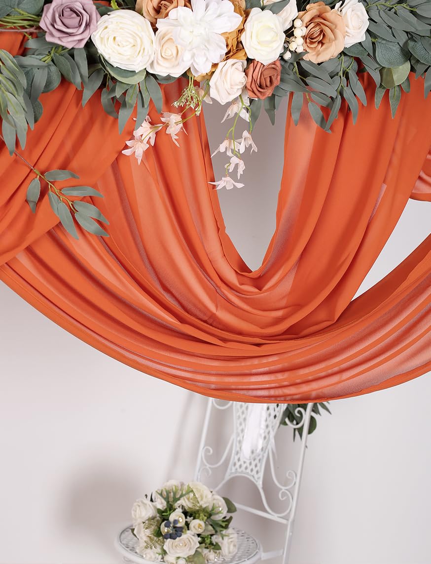 Lot de 2 panneaux de tissu drapé en mousseline de soie pour arche de mariage, décoration de fond de fête de mariage, orange brûlé et orange brûlé