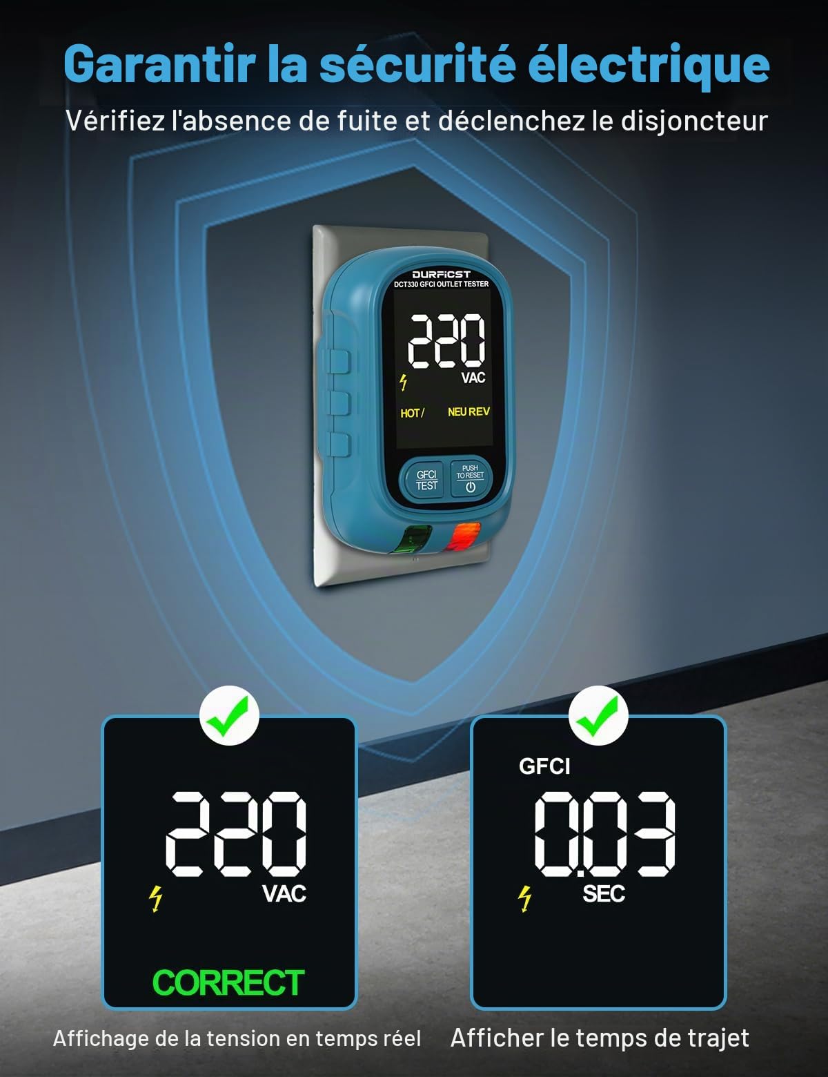 DURFICST Détecteur de Fusibles Testeur de Prises GFCI/RCD 198-264V NCV | Détecteur de Circuit Électrique avec Double Écran LCD, Alarme Sonore pour la Maison/l'atelier, Étui de Transport Inclus