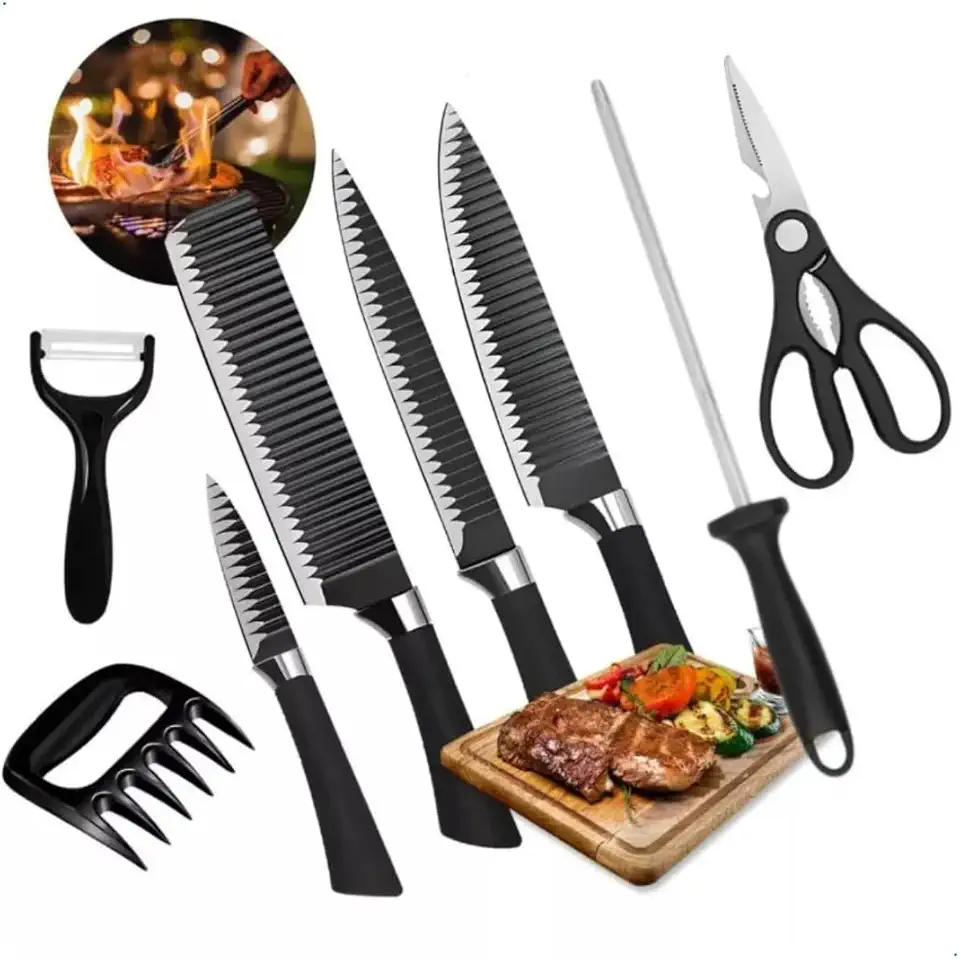 Kit Churrasco Premium 8 Peças – Facas Gourmet em Aço Inoxidável com Lâminas Antiaderentes e Corte Navalha