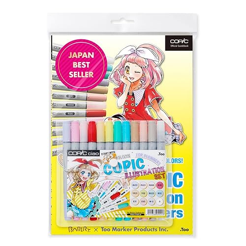 Copic Ciao Illustration Book Bundle Set, Alcohol-Based Markers (12 pcs) with an Instruction Book