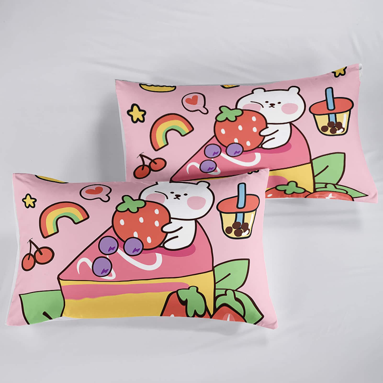 QOOMO Kawaii miś kołdra pełna, różowy miś zestaw kołdry dla dzieci nastolatków dziewcząt, 3 szt. zestaw pościeli z nadrukiem kołdra z 2 poszewkami na poduszki, alternatywna dla puchu, miękka i lekka,
