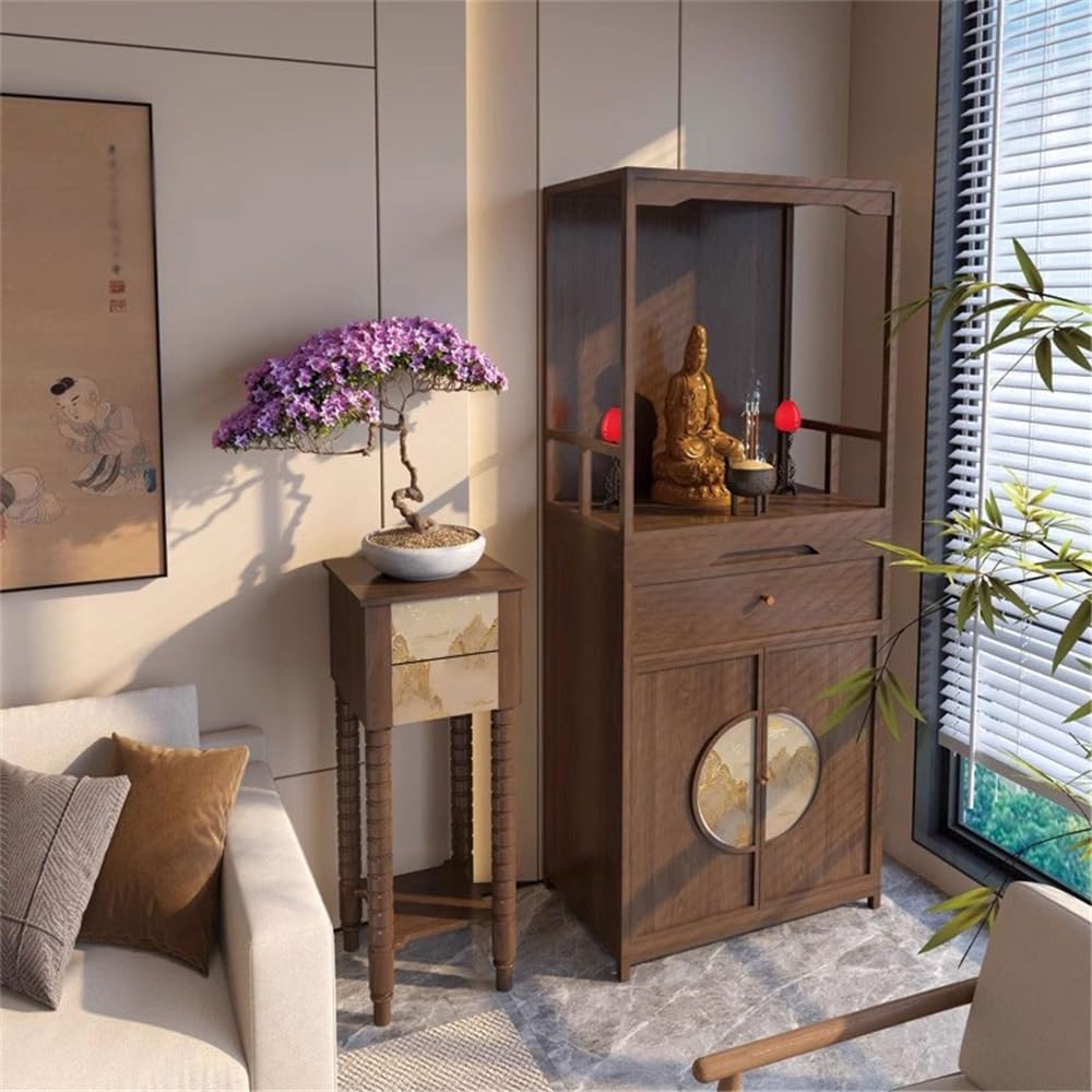 Mesa de altar para meditación Riqueza de estilo chino moderno que ofrece mesa madera para la oración | Gabinete de santuario de Buda de doble puerta(Bruin)
