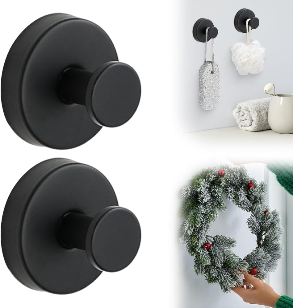 Suction Cup Hooks for Christmas Wreath - No Drill Stainless Steel Suction Cup Wreath Hanger Holder for Shower Hanging Towels/Glass Window/Door/Bathroom Mirrors (Black 2)