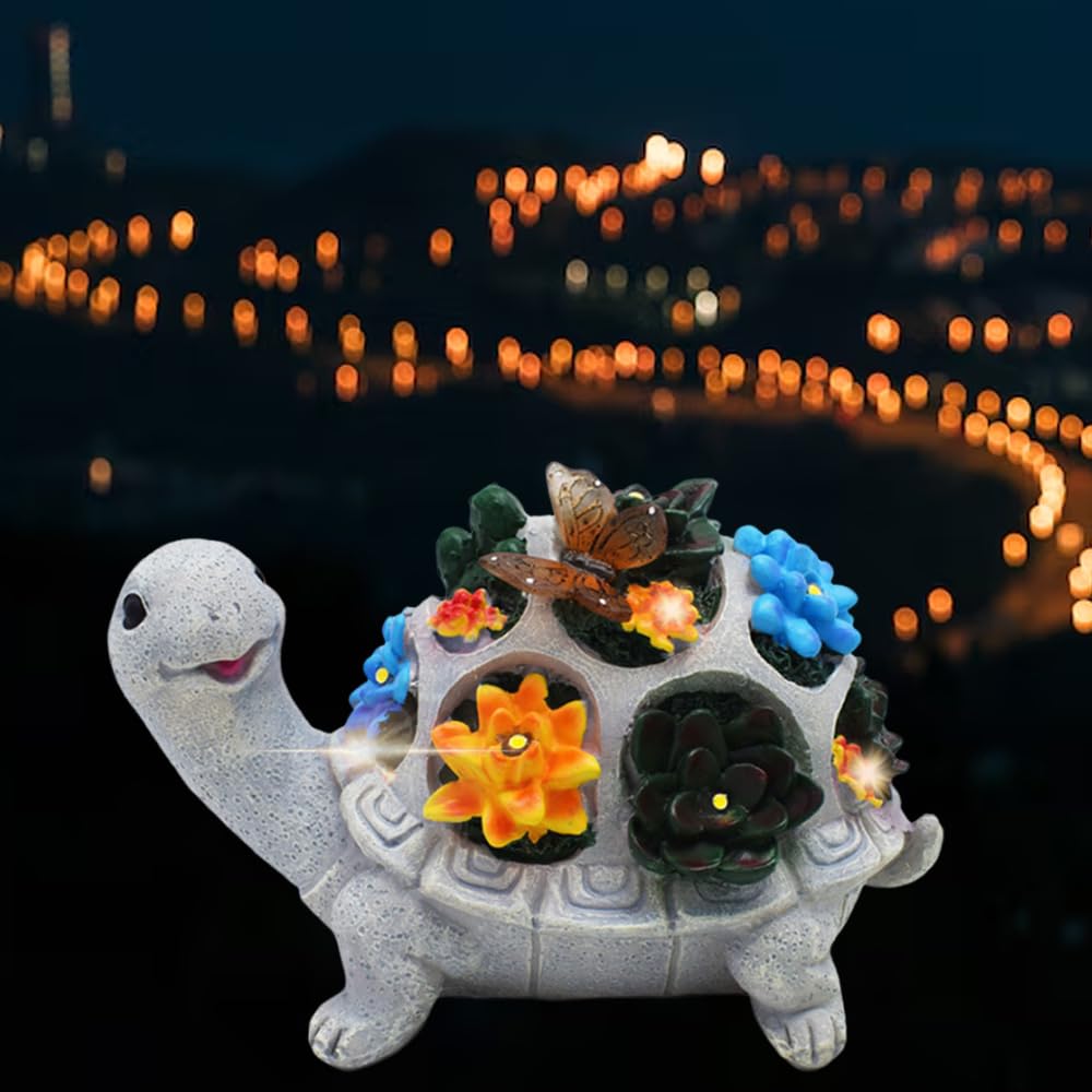 Voarge Solar Garden Decoration for Outdoors Solar Garden Figures Turtle with Succulents and 7 LED Lights, for Patio Balcony
