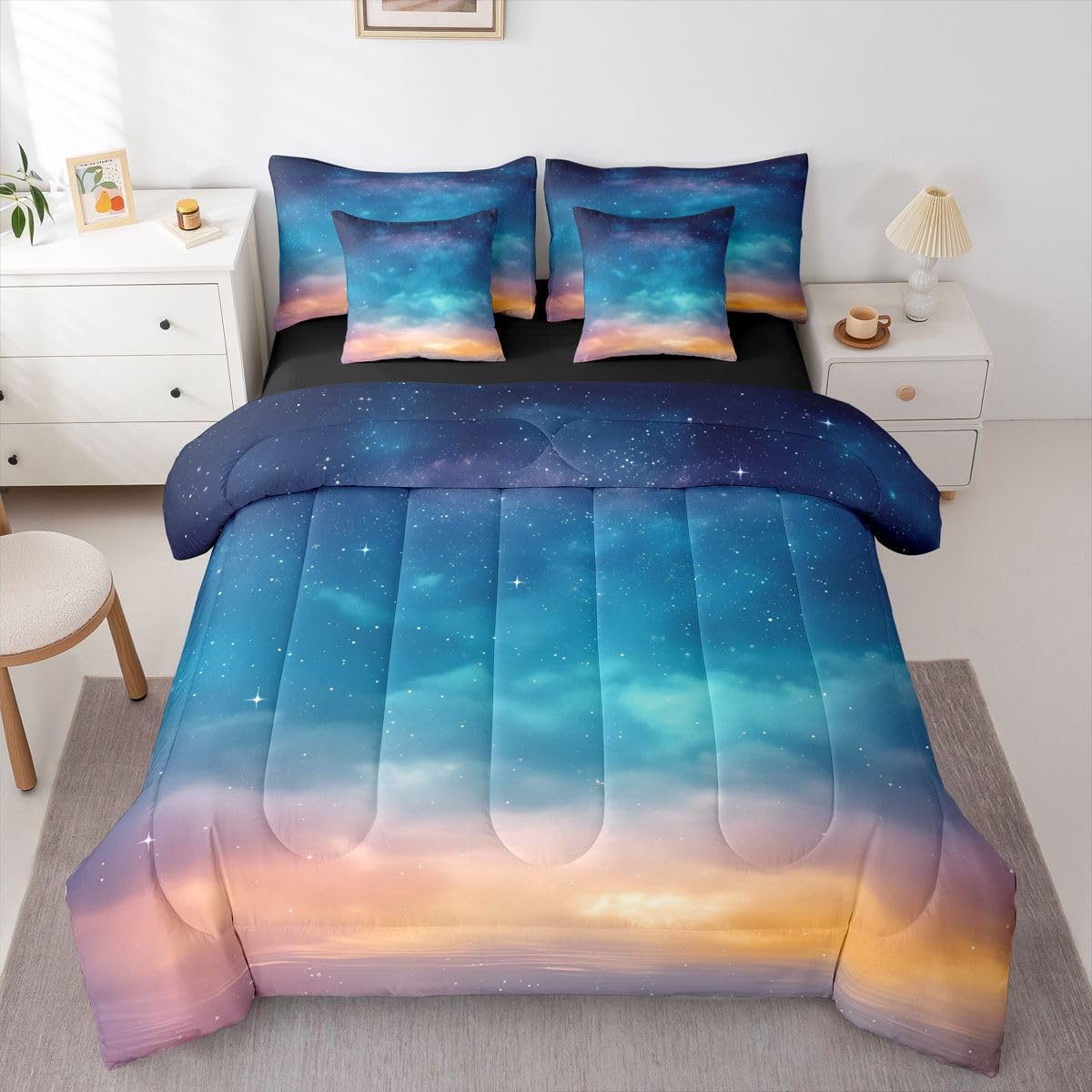 Castle Fairy Magical Sunset 7pcs Comforter Set Queen Size,Sky Galaxy Clouds Bedding Set for All Season,Gradient Bed in A Bag with Comforter,Sheets and Pillowcases,Neon Sky Kids Boys Girls Room Decor