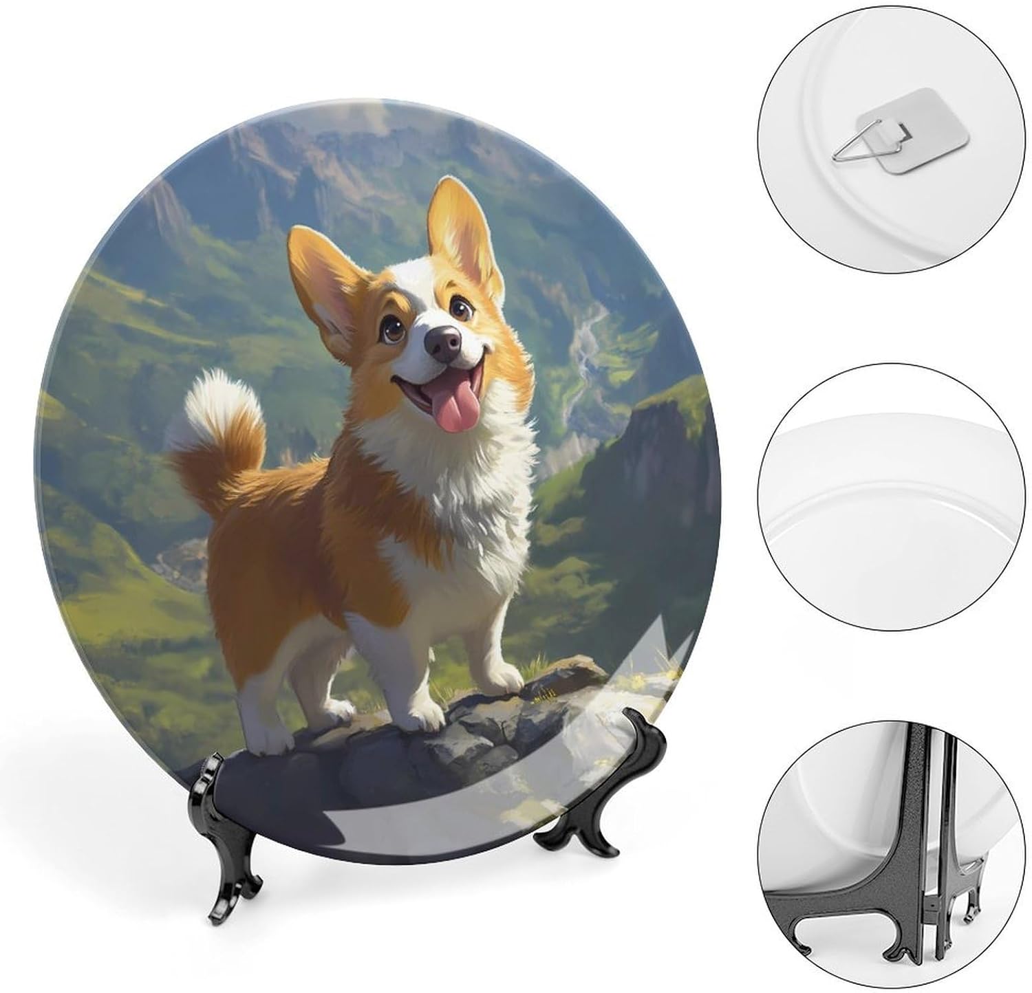 Corgi Dog Standing on Top of A Mountain Decorative Plates for Display Ceramic Plate Tray with Stand Hanger Home Decor