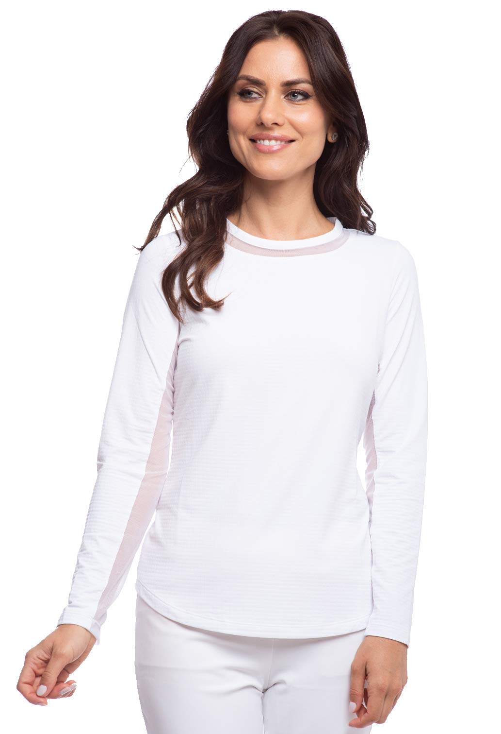 IBKUL Athleisure Wear Sun Protective UPF 50+ Icefil Cooling-Long Sleeve Crew Neck with Mesh White/Solid/L