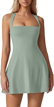 QINSEN Womens Square Neck Tennis Dress Sleeveless Built in Shorts Golf Athletic Dress with Pockets