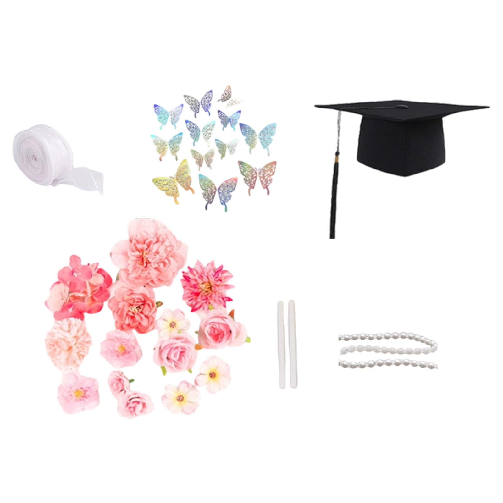 Qusinfc Hat Embellishment Set Including Butterfly Sticker Artificial Flower Pearls Strands for Graduation Hat Top Scrapbooking Embellishments for Graduation