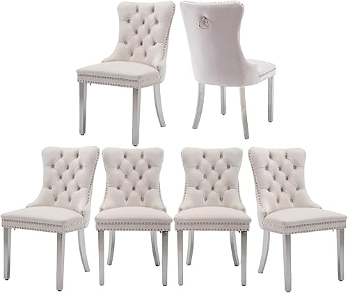 Miniatura 20 de Juego de 6 sillas de comedor de terciopelo gris, modernas sillas de comedor con respaldo copetudo y patas de madera maciza, sillas de comedor Gris