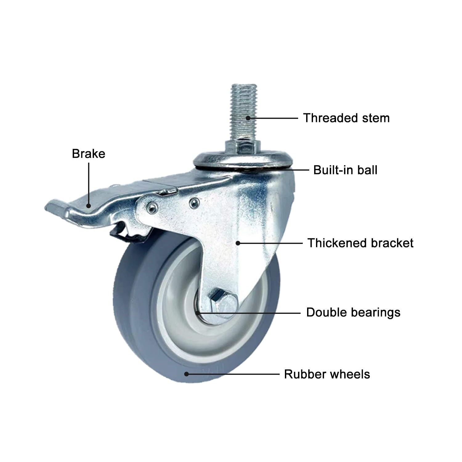 Muta 5" Ruote girevoli con Freno 330 Lbs capacità di carico M20 Perno filettato Rumore Antiscivolo Ruote in Gomma Industriale Set da 4 per Mobili & Attrezzature