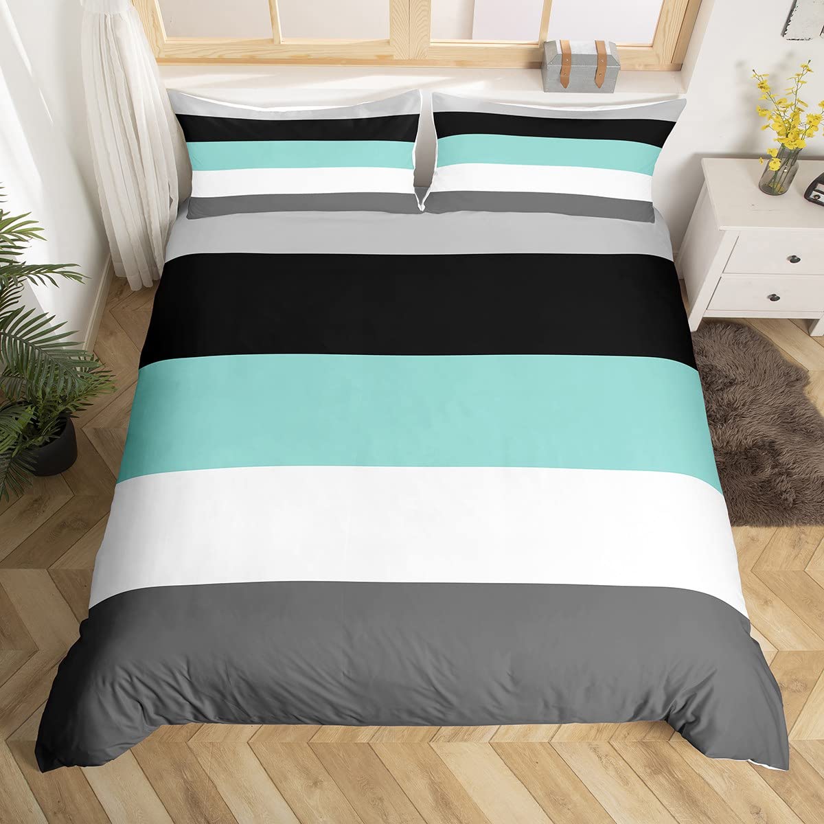 Homewish Geometric Striped Single Duvet Cover Set with 1 Pillowcase - Single Size, 100% Soft & Breathable Polyester, Zip Closure - Teal Black Gray Bedding - Modern Simple Pattern with Black Reverse