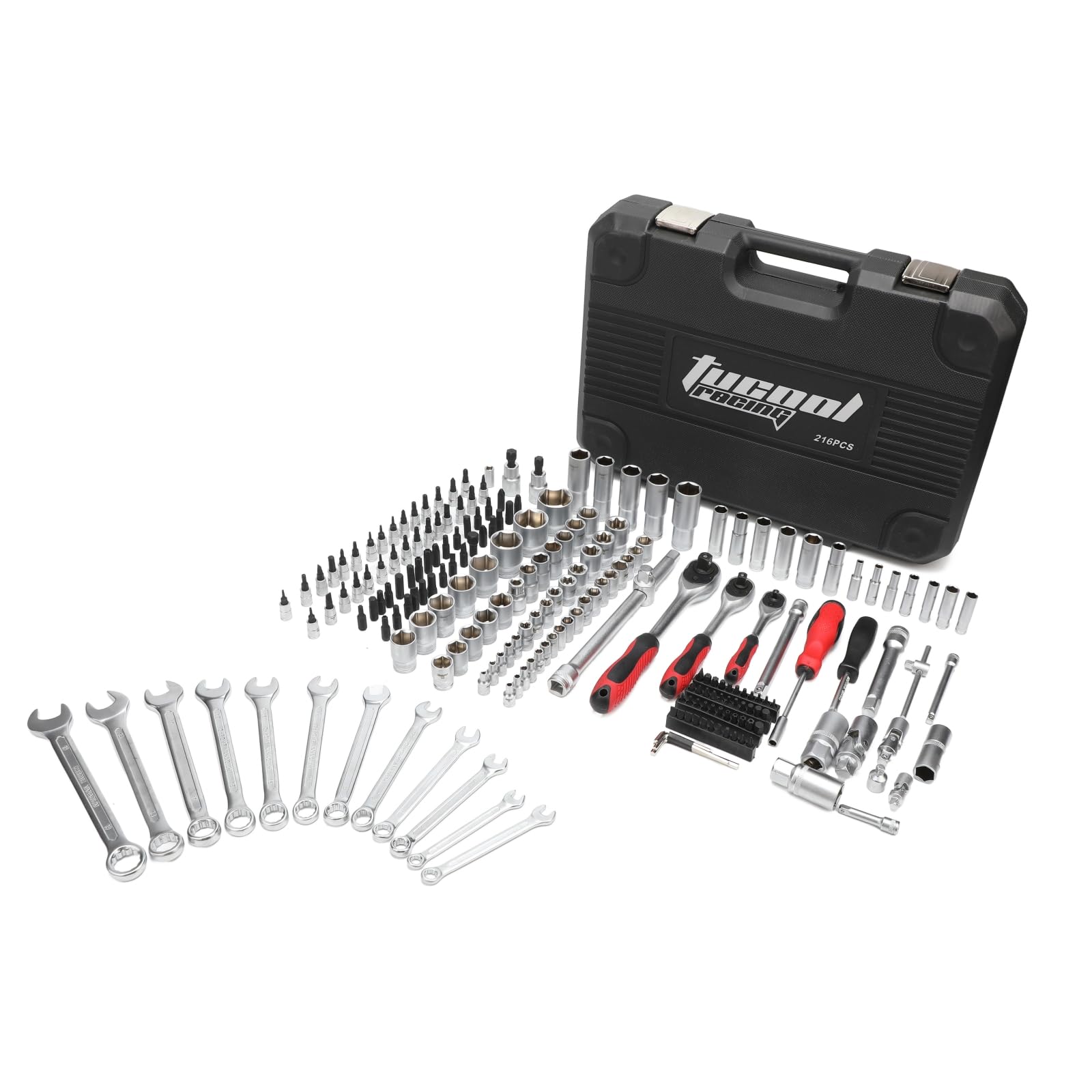 Tucool - Set di 216 chiavi a bussola CR-V trattate termicamente, attacco da 1/4" e 3/8", cricchetto a sgancio rapido a 72 denti, strumenti professionali per riparazioni automobilistiche per meccanici