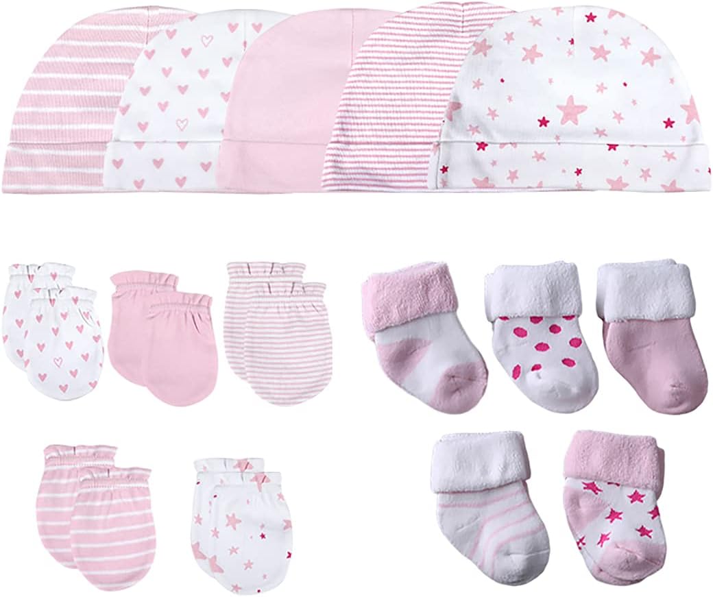 Chamie Baby's Organic Cotton Socks, Caps and Mittens Set for Baby Girls and Boys