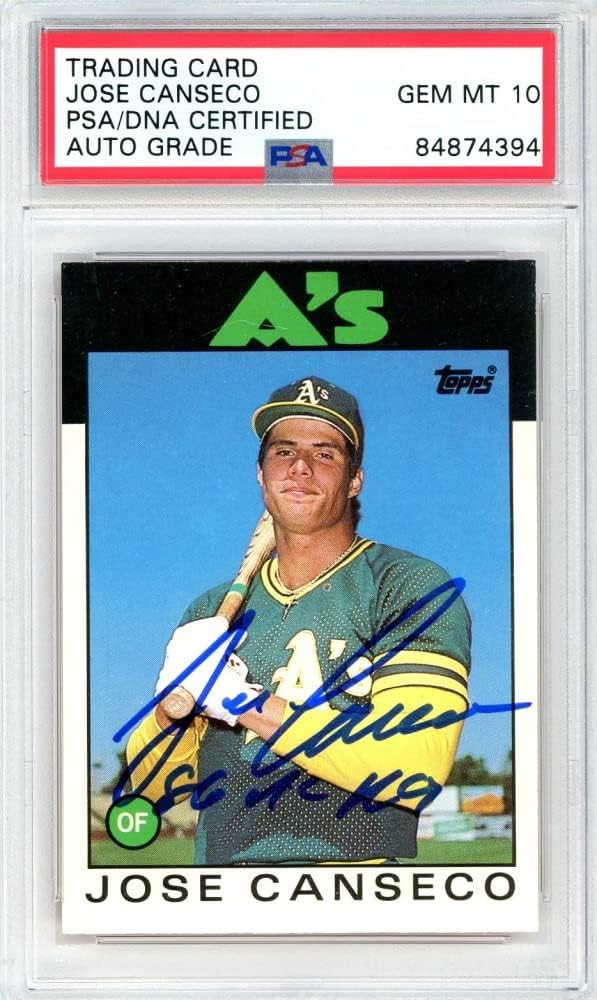 Jose Canseco 1986 Topps Traded "86 AL ROY" Autograph Rookie Card #20T PSA/DNA 10
