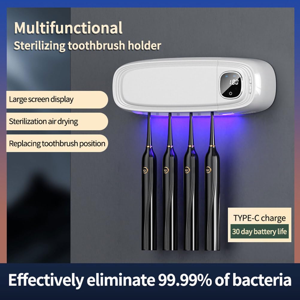Soporte desinfectante UV para 4 cepillos de dientes | Soporte de pared para cepillo de dientes para baño con secado por ventilador | Limpiador y esterilizador de cepillos de dientes recargable por USB