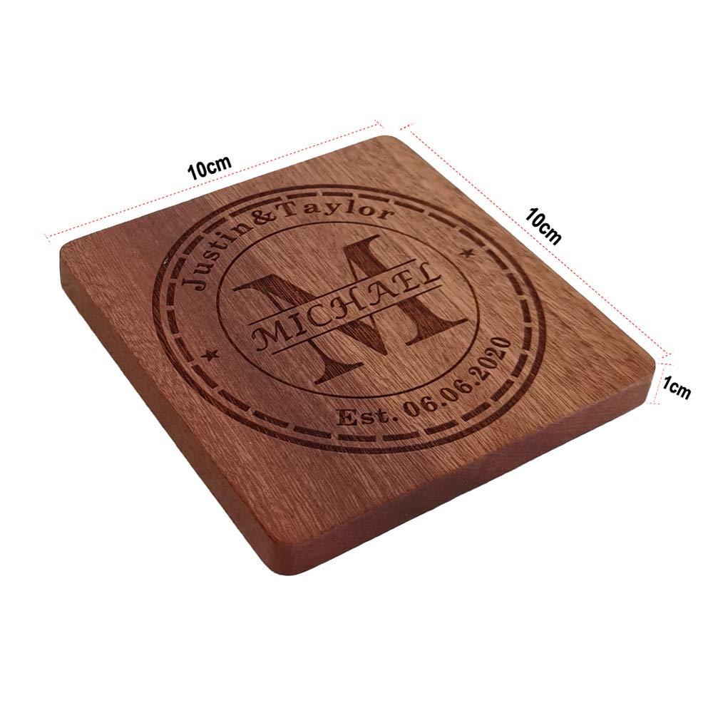 Personalized Monogram Coasters with Holder - Custom Engraved Wood Coasters for Drinks, Wedding & Parent Gifts (Set of 4)