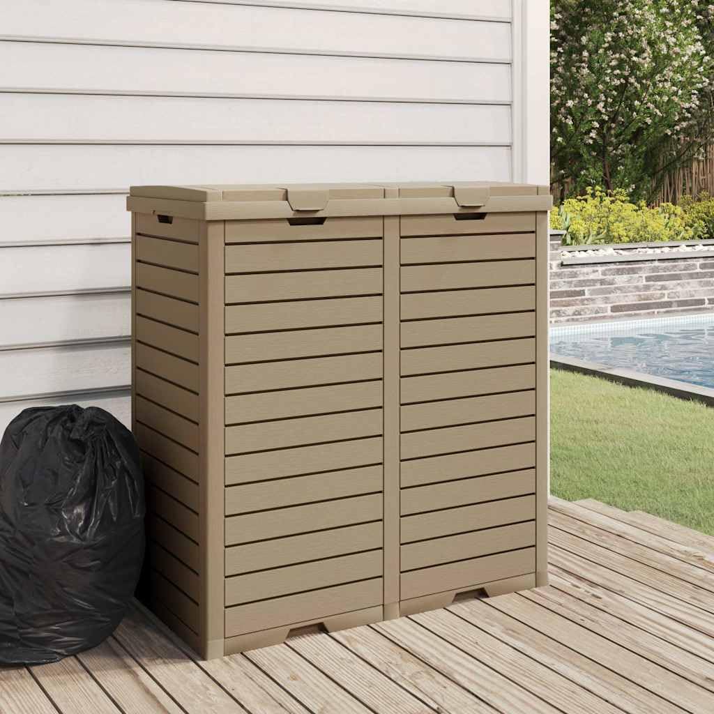 Outdoor Trash Can with Dual Compartments, 60.8 Gallon Weather-Resistant Garbage Bin, Imitation Wood Texture for Patio, Garden, Deck and Backyard, Light Brown