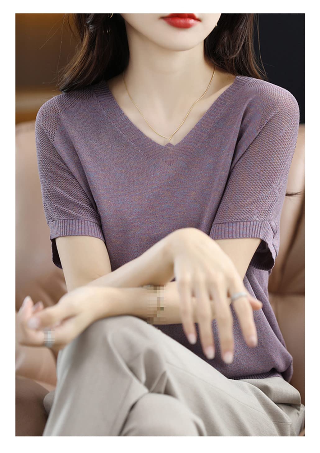SaoBiiu Maglietta da donna estiva maglione lavorato a maglia manica corta casual allentato signore top scollo a V Tees Overside Hollow Pullover camicetta