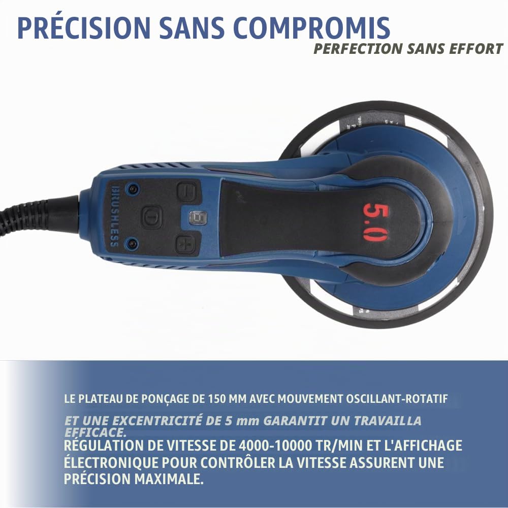 DEDRA Ponceuse excentrique 350 W, Ø 150 mm – Sans brosse, vitesse de rotation réglable 4000–10000 tr/min, aspiration de la poussière, design ergonomique avec poignée douce, kit d'accessoires inclus