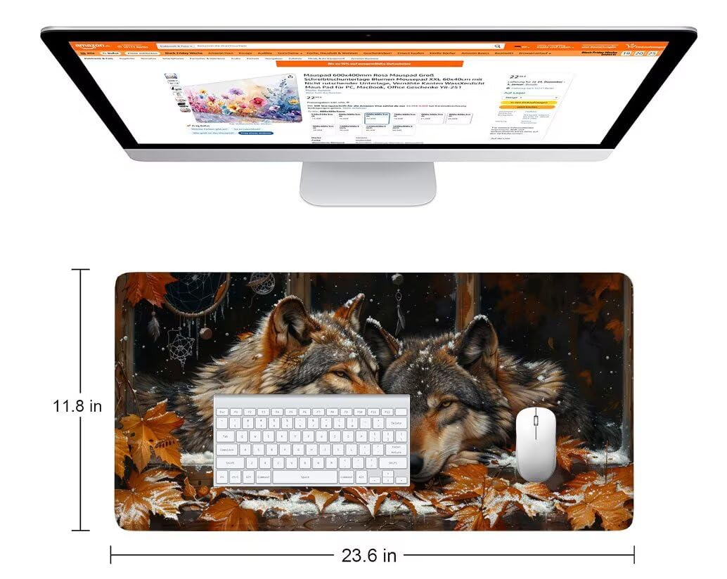 Podkładka pod mysz Wilk Podkładka na biurko Śnieg Mata na biurko 1600 x 800 x 3 mm Podkładka pod mysz z antypoślizgową gumową podstawą, zmywalna, zszyte krawędzie, podkładka pod mysz do gier, PC