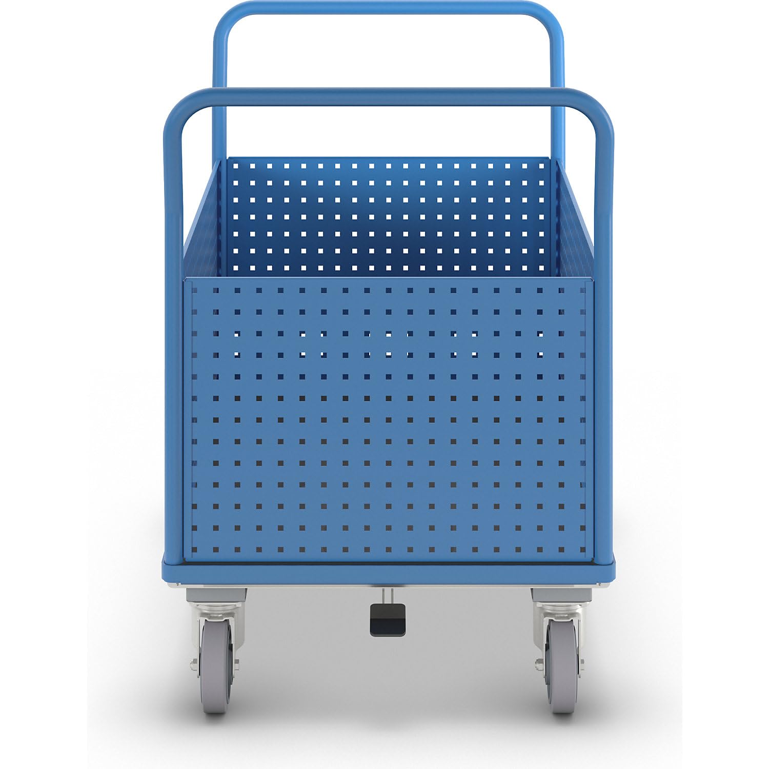 eurokraft pro | Plattformwagen | Mit 4 hohen Lochblechwänden, LxB 1250 x 800 mm, mit Zentralstopp, Vollelastik