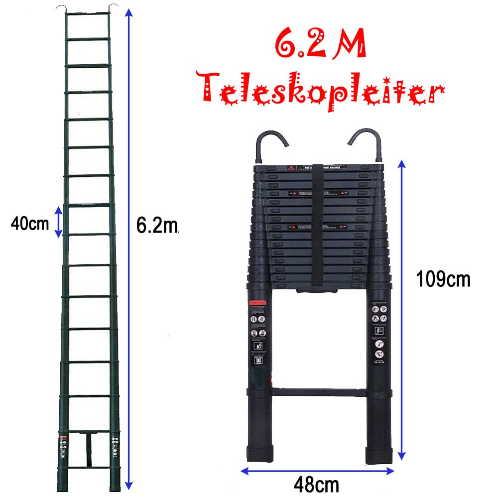 Teleskopleiter mit Haken, 6,2m Alu Klappleiter Aluminium Leiter, Ausziehbar Schiebeleiter, Rutschfester Aluleiter Mehrzweckleiter Ausziehleiter, aus hochwertigem Aluminium, 150kg Tragkraft