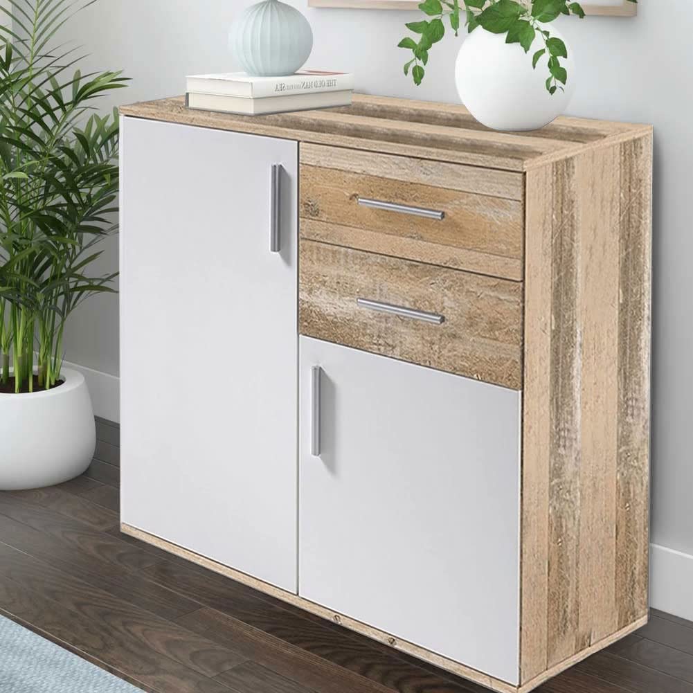 BAKAJI Mobile Madia con 2 Cassetti Doppia Anta e 2 Ripiani Interni Mobiletto Credenza Armadio Multiuso Cucina Bagno Ufficio Design Moderno Dimensioni 82x35x80cm (Bianco e quercia effetto legno)