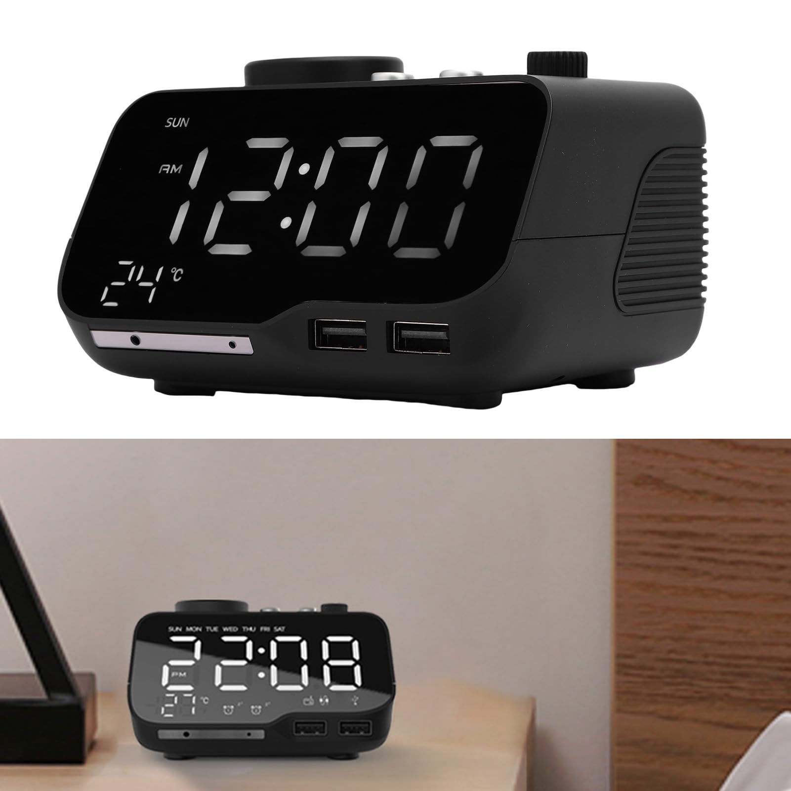 Reloj Despertador Digital con Altavoz Bluetooth 5.0, Radio FM, Alarmas Duales, Pantalla LED para Temperatura y Día Laborable, Brillo Ajustable, para Dormitorio Oficina (Enchufe de la UE)